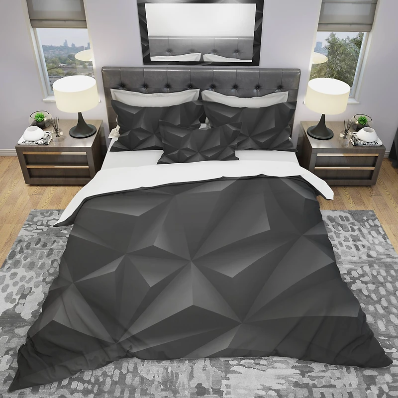 Designart 'Deep Black Geometric Crumpled' Modern Bedding Set