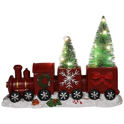 12'' Red and Gold Christmas Train with LED Lighted Frosted Trees Tabletop Decoration