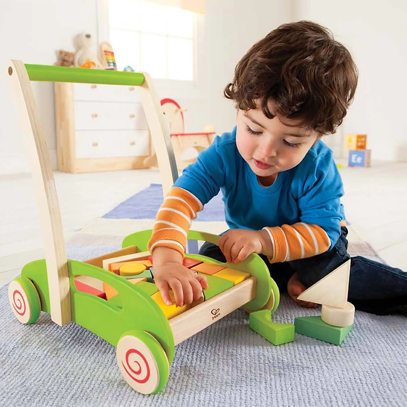 Hape Green Block & Roll Cart Toddler Wooden Push & Pull Toy