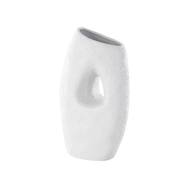 15" White Ceramic Abstract Textured Vase with Cutout Center