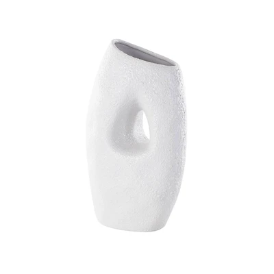 15" White Ceramic Abstract Textured Vase with Cutout Center