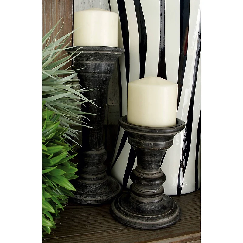Black Mango Wood Traditional Candle Holder Set