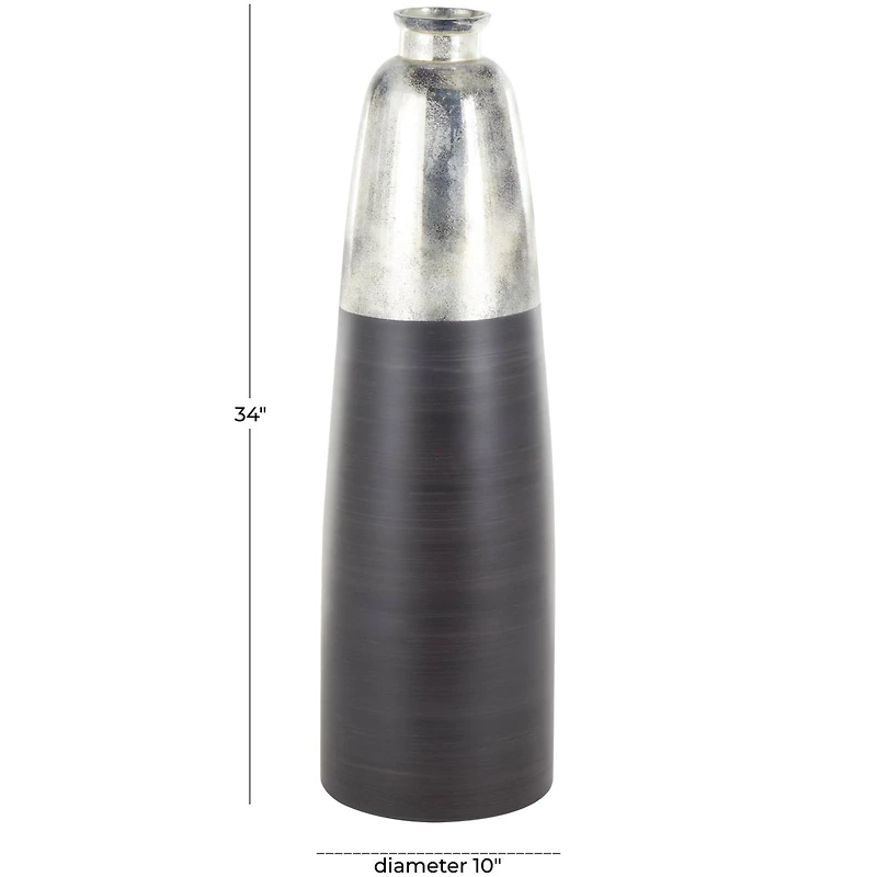 34" Black Glass Brushed Two-Toned Floor Vase with Textured Silver Top