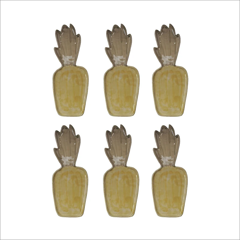 Hello Honey Hand-Painted Stoneware Pineapple Shaped Platter with Reactive Glaze, Brown and Green, Set of 6