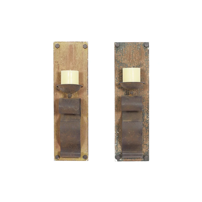 Set of 2 Brown Wood Rustic Wall Sconce, 6" x 19"