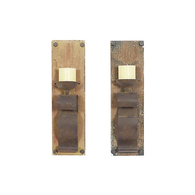 Set of 2 Brown Wood Rustic Wall Sconce, 6" x 19"