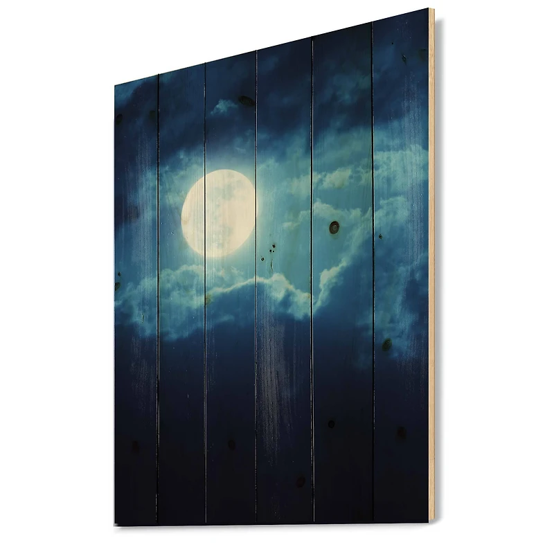 Designart - Full Moon In Cloudy Night Sky III - Nautical & Coastal Print on Natural Pine Wood