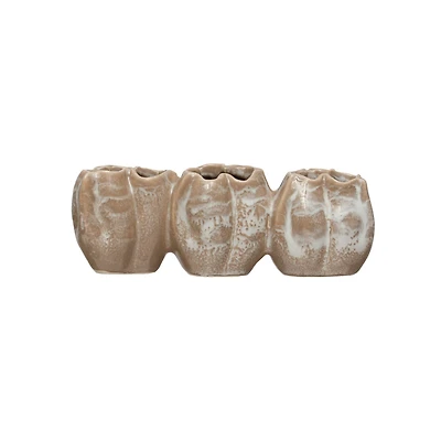 Hello Honey® 7" Distressed White Stoneware Pod Shaped Vase with 3 Sections and Organically Shaped Edge