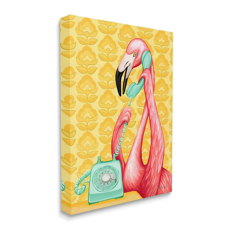 Stupell Industries Flamingo Calling Dial Telephone Groovy Flowers Canvas Wall Art