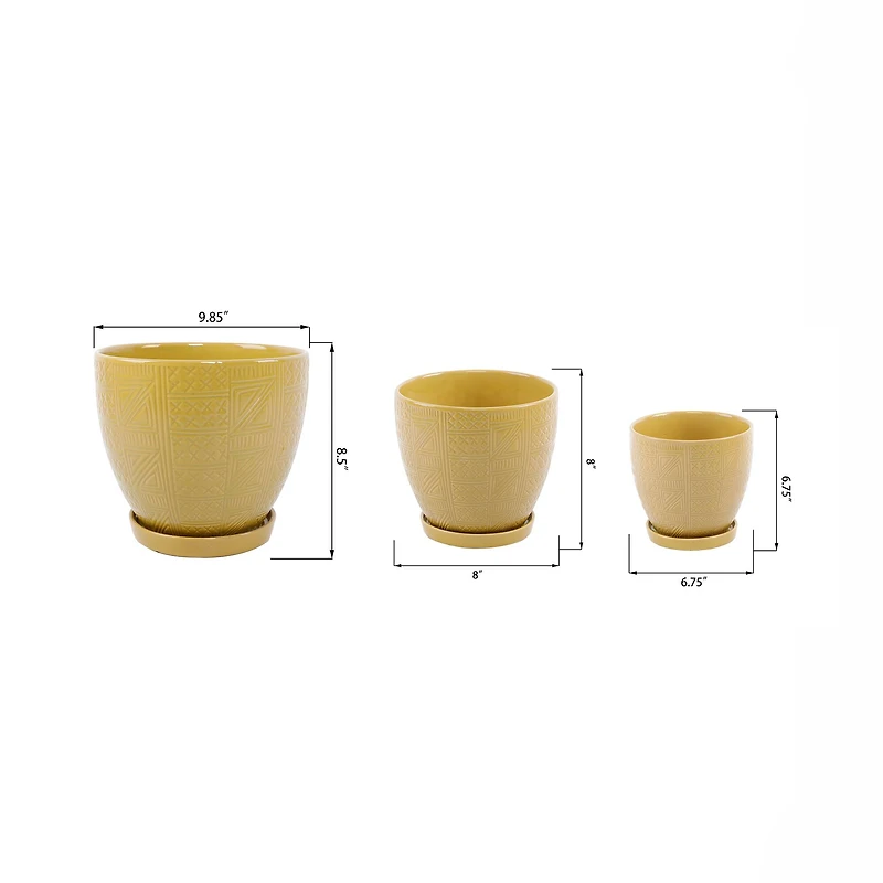 Flora Bunda® Mustard Hiero Ceramic Pot On Saucer Set, 3ct.