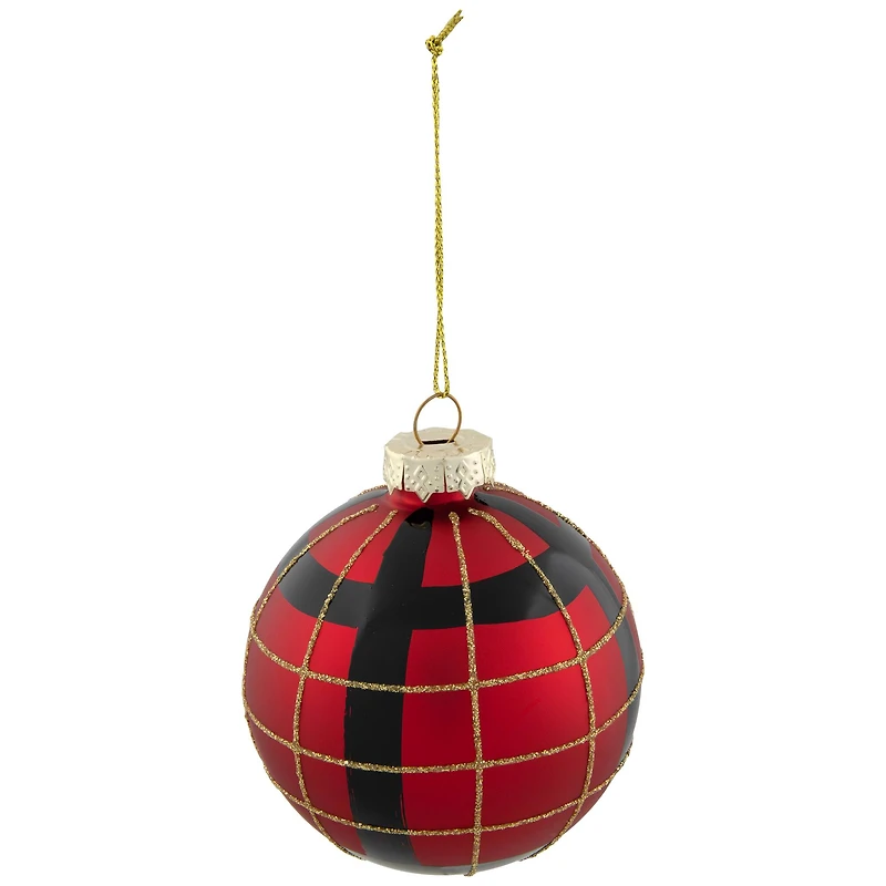 4ct. 3" Red, Black & Gold Plaid Glass Ball Ornaments