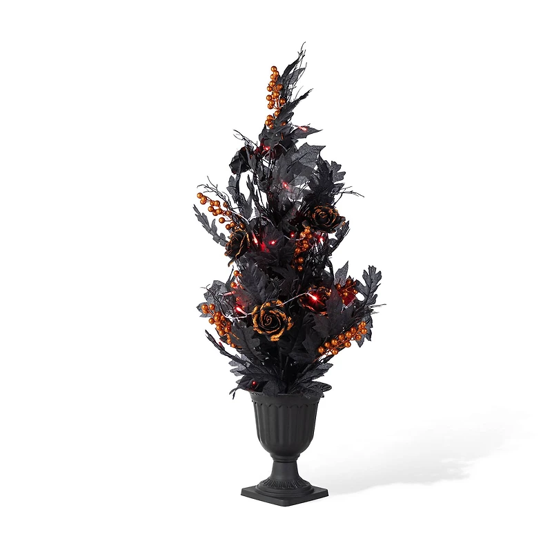 Glitzhome® 36"H Halloween Lighted Black Rose with Orange Glitter Urn Porch Tree with Timer
