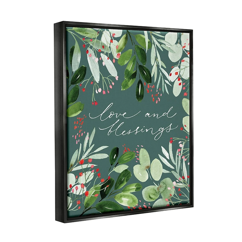 Stupell Industries Love & Blessings Green Floral Leaves Framed Floater Canvas Wall Art