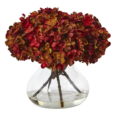 8.5" Red Hydrangea Arrangement in Glass Vase