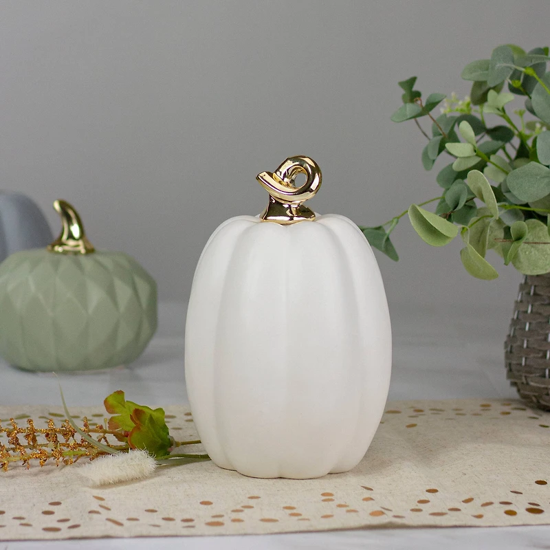 8" White & Gold Fall Harvest Ceramic Pumpkin Decoration
