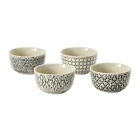 Hello Honey® 4.5" Black & Cream Hand-Stamped Stoneware Bowl with Embossed Pattern, 4ct.