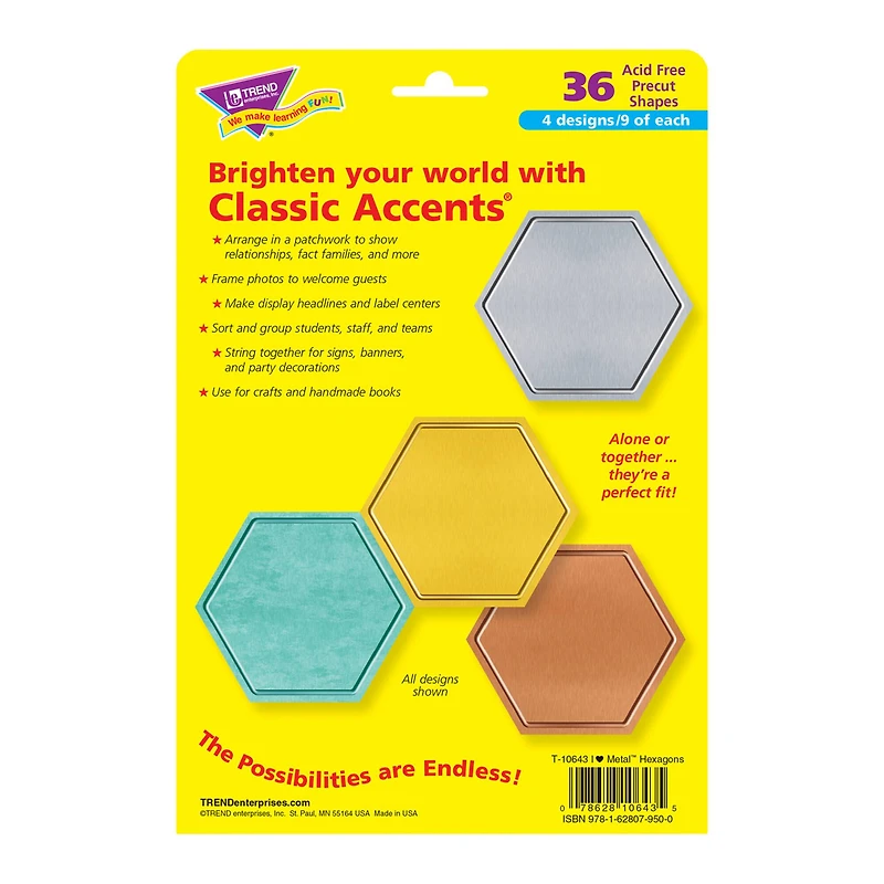 Trend Enterprises® I Heart Metal Hexagons Classic Accents® Variety Pack, 3 Packs of 36