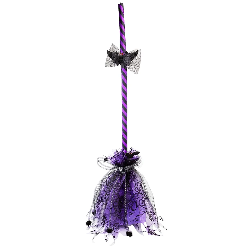29" Purple & Black Striped Animated Witches Halloween Broom with Bat Accents