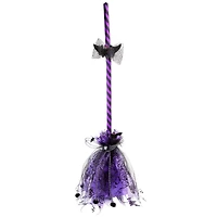 29" Purple & Black Striped Animated Witches Halloween Broom with Bat Accents