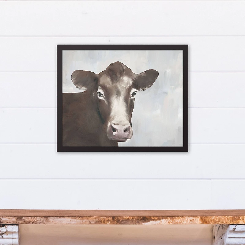 Painterly Brown Cow 16" x 20" Black Framed Canvas