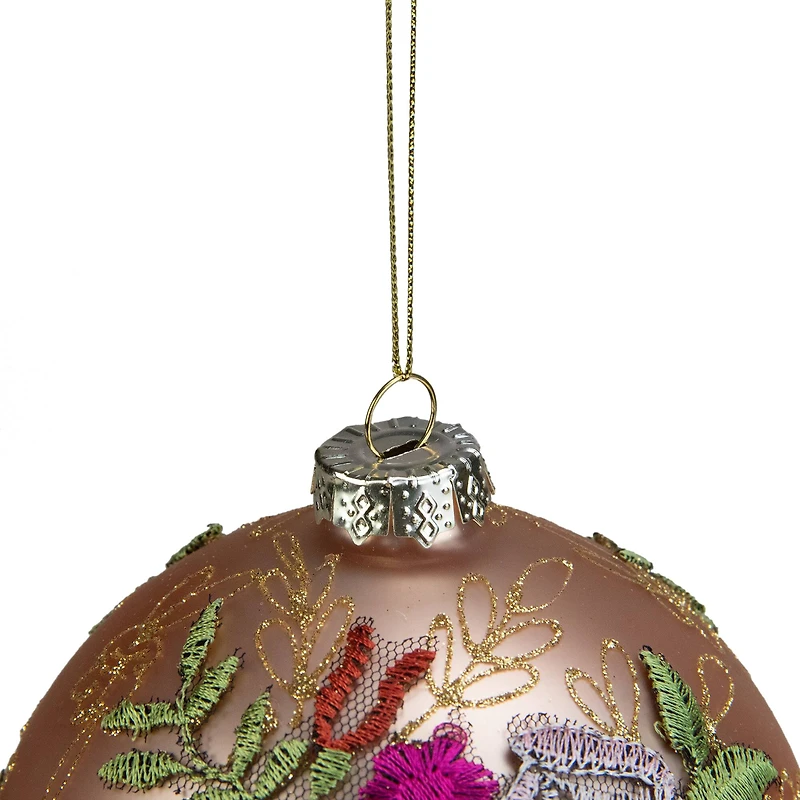 4.5" Pink Floral Applique Glass Ball Ornament