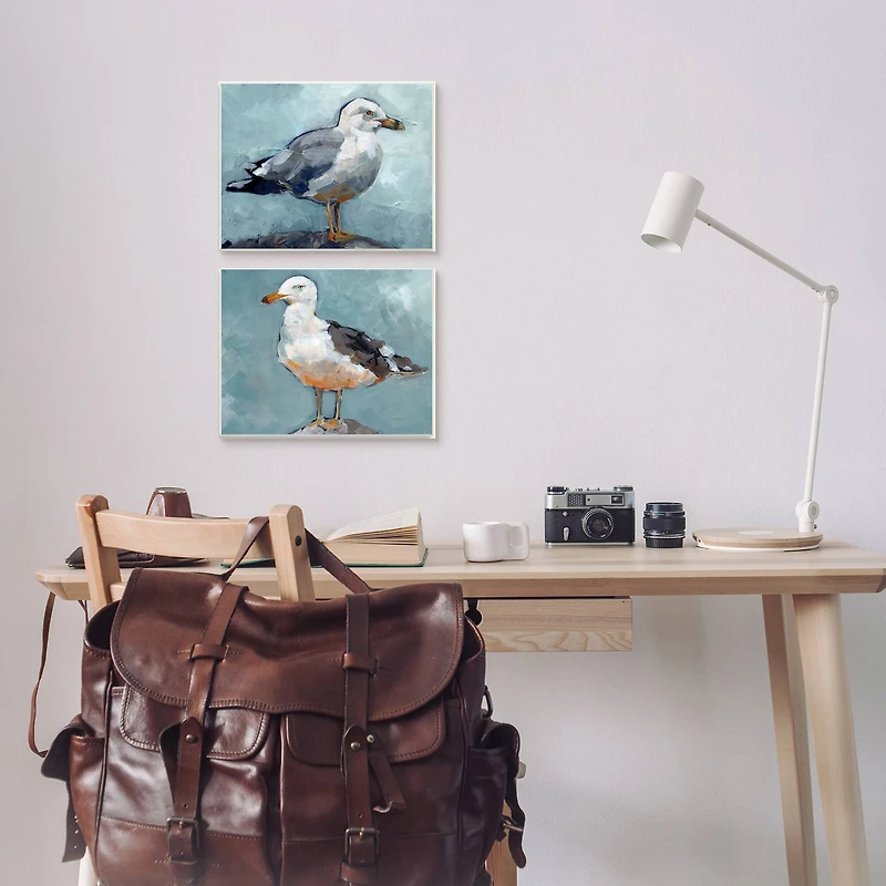 Stupell Industries Seagull Stance Nautical Bird Portrait Blue Grey Wood Wall Plaque