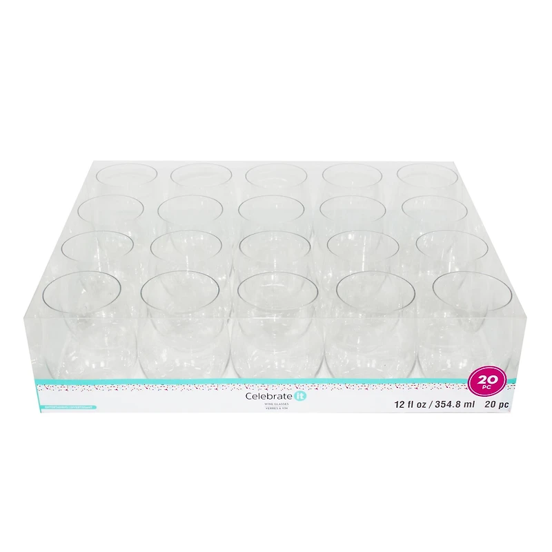 12oz. Clear Plastic Stemless Wine Glasses by Celebrate It™, 20ct.