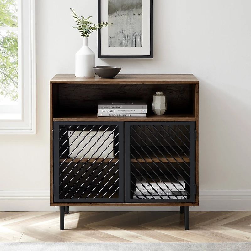 Walker Edison 32" Reclaimed Barnwood Modern Slanted Metal Door Accent Cabinet