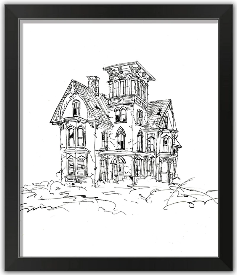 Haunted House Sketch Halloween Print in Black Frame