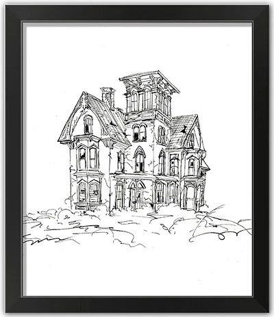 Haunted House Sketch Halloween Print in Black Frame