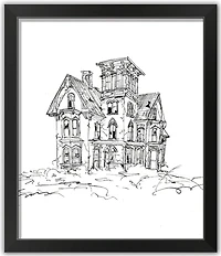 Haunted House Sketch Halloween Print in Black Frame