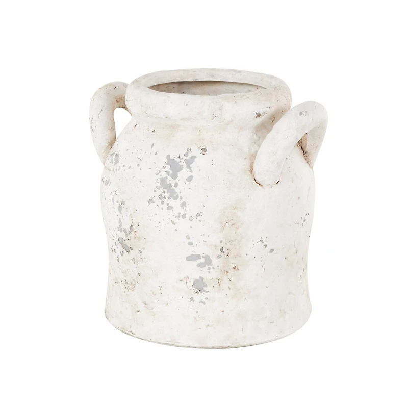 8.25" Cream Ceramic Antique Style Distressed Decorative Vase with Handles