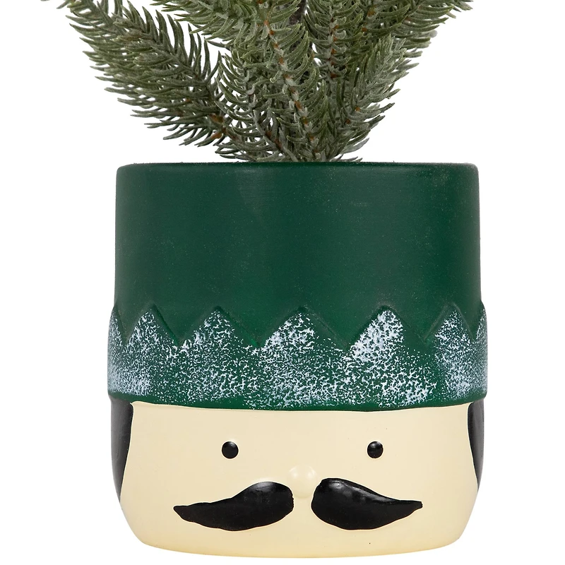 14.75" Unlit Lightly Frosted Mini Christmas Tree in Green Nutcracker Ceramic Pot