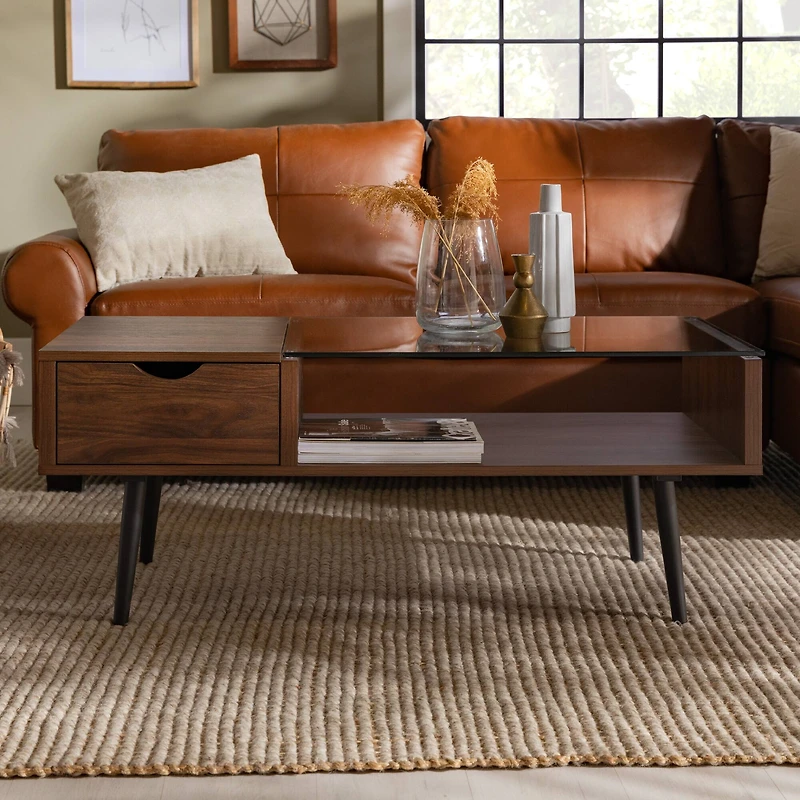 Dark Walnut Mid Century Modern Wood & Glass Coffee Table