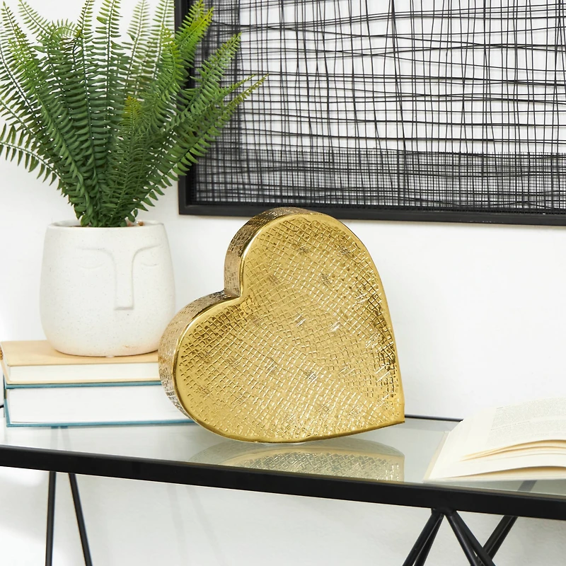 9" Gold Aluminum Slanted Heart Sculpture with Textured Exterior