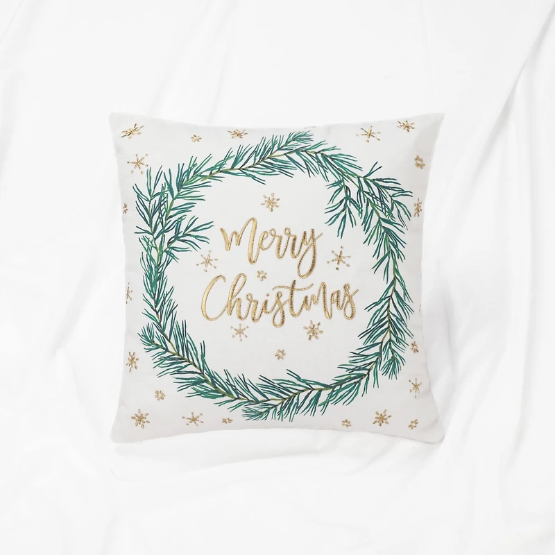 18" Embroidered "Merry Christmas" Wreath Cotton Square Throw Pillow