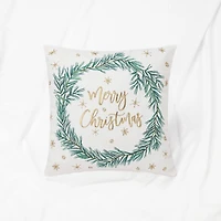 18" Embroidered "Merry Christmas" Wreath Cotton Square Throw Pillow
