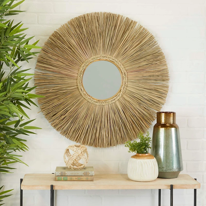 Brown Reed Bohemian Wall Mirror, 32" x 32" x 2"