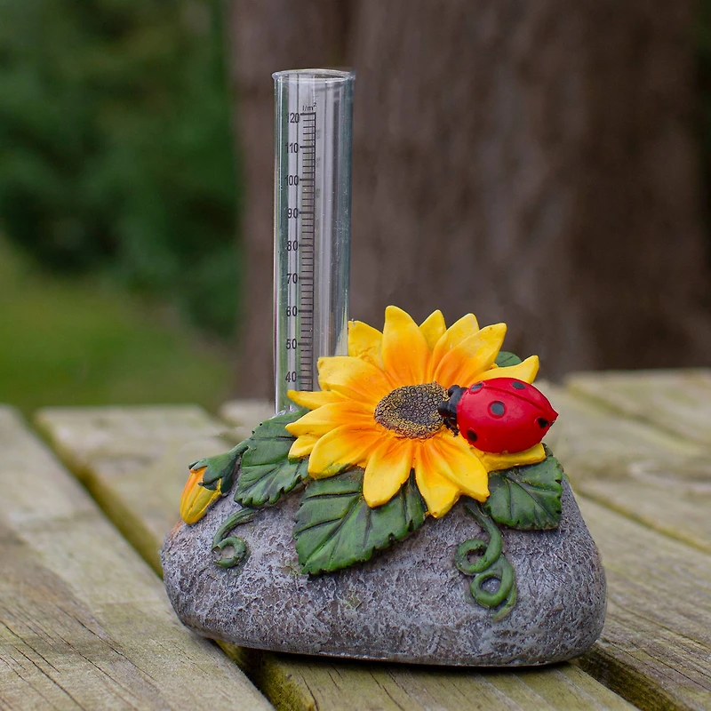 7" Sunflower & Ladybug Rock Garden Rain Gauge