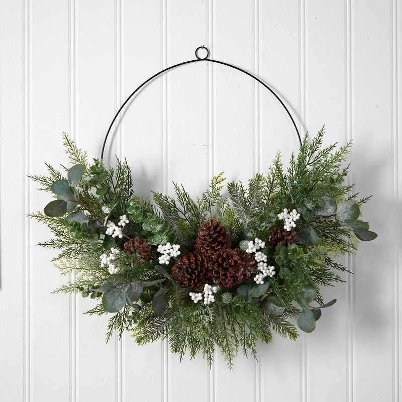 28" Christmas Pine, Eucalyptus & Berries Metal Circlet Wreath