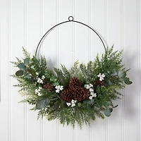 28" Christmas Pine, Eucalyptus & Berries Metal Circlet Wreath