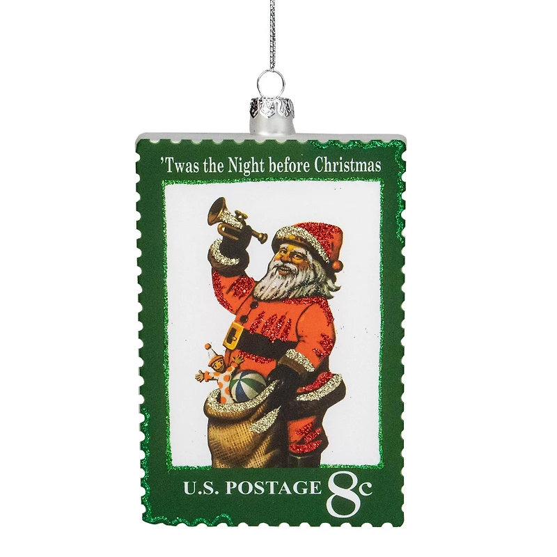 3.5" Green USPS Santa Stamp Twas The Night Before Christmas Glass Christmas Ornament