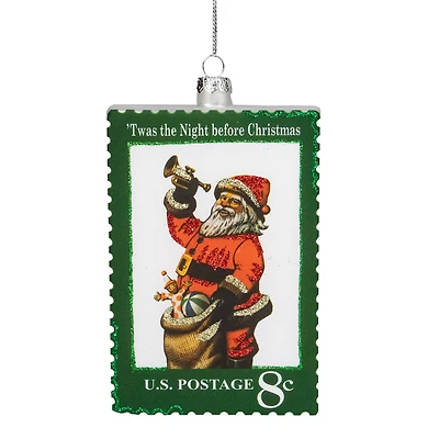 3.5" Green USPS Santa Stamp Twas The Night Before Christmas Glass Christmas Ornament