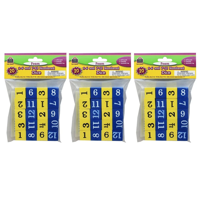 Teacher Created Resources® 3/4" Foam Numbered Dice, 3 Packs of 20
