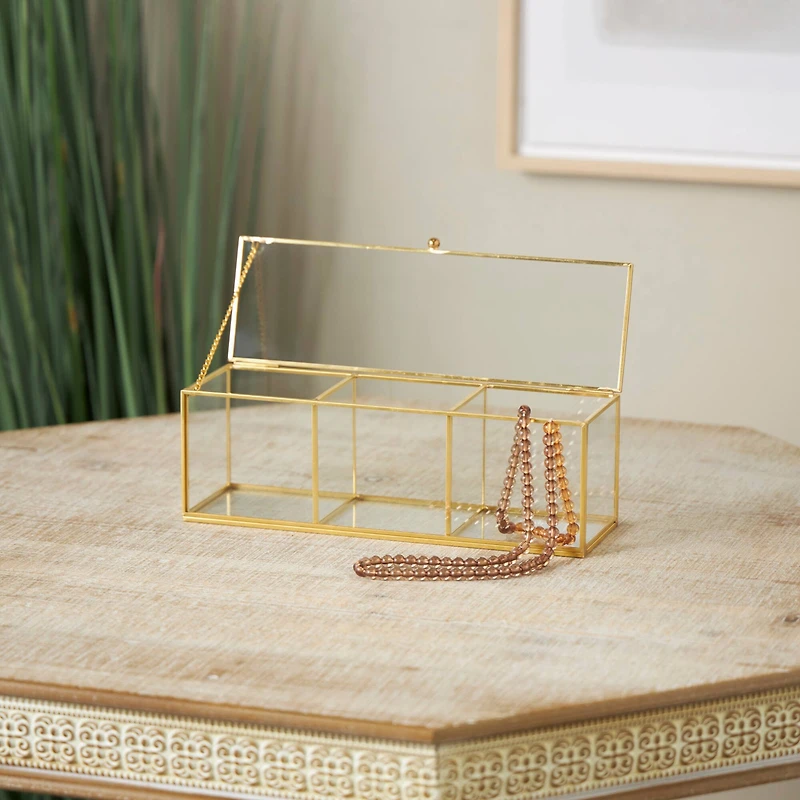 10" x 4" x 4" Clear & Gold 3-Slot Glass & Metal Slim Rectangular Jewelry Box with Chain Accent
