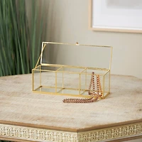 10" x 4" x 4" Clear & Gold 3-Slot Glass & Metal Slim Rectangular Jewelry Box with Chain Accent