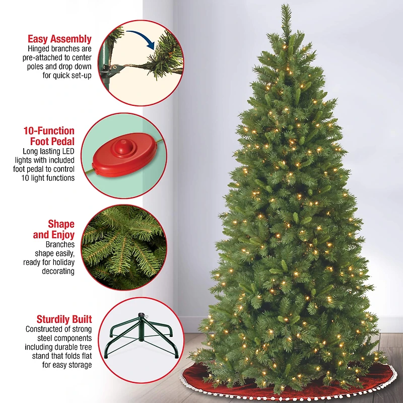 7.5 ft. Pre-lit Hinged Lehigh Valley Pine Slim Artificial Christmas Tree, Dual LED Lights