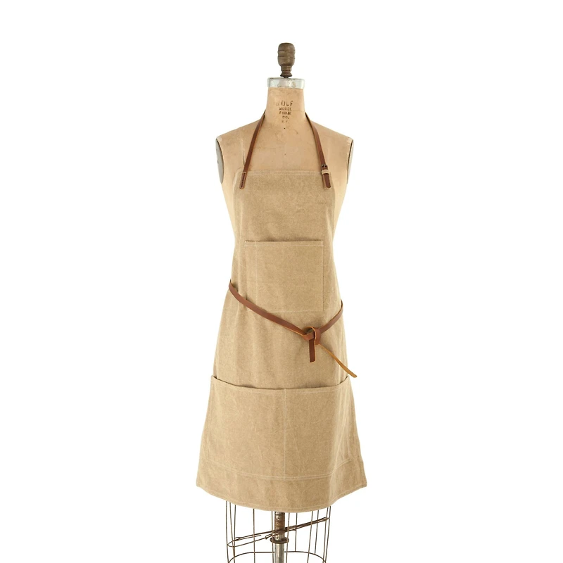 Hello Honey® Khaki Apron with Pockets & Leather Ties