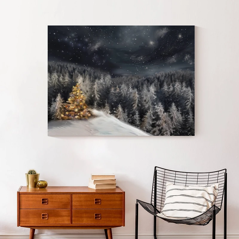 Lit Tree Winter Landscape Canvas Wall Art