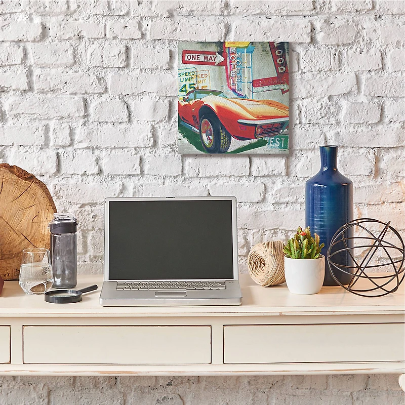 Stupell Industries Vibrant Sports Car Road Sign Pop Art Collage Canvas Wall Art